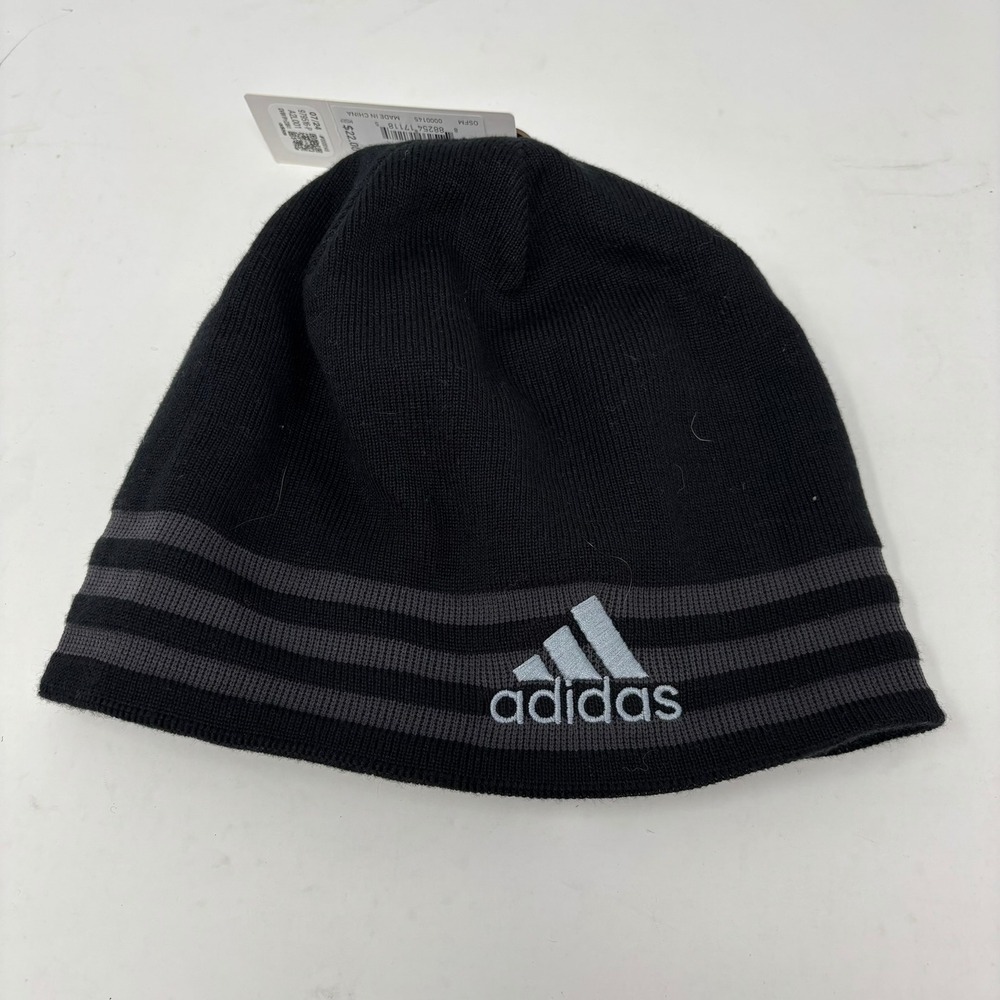 NWT Adidas Eclipse Reversible 3 Beanie Mens Black Grey Striped Heathered Knit